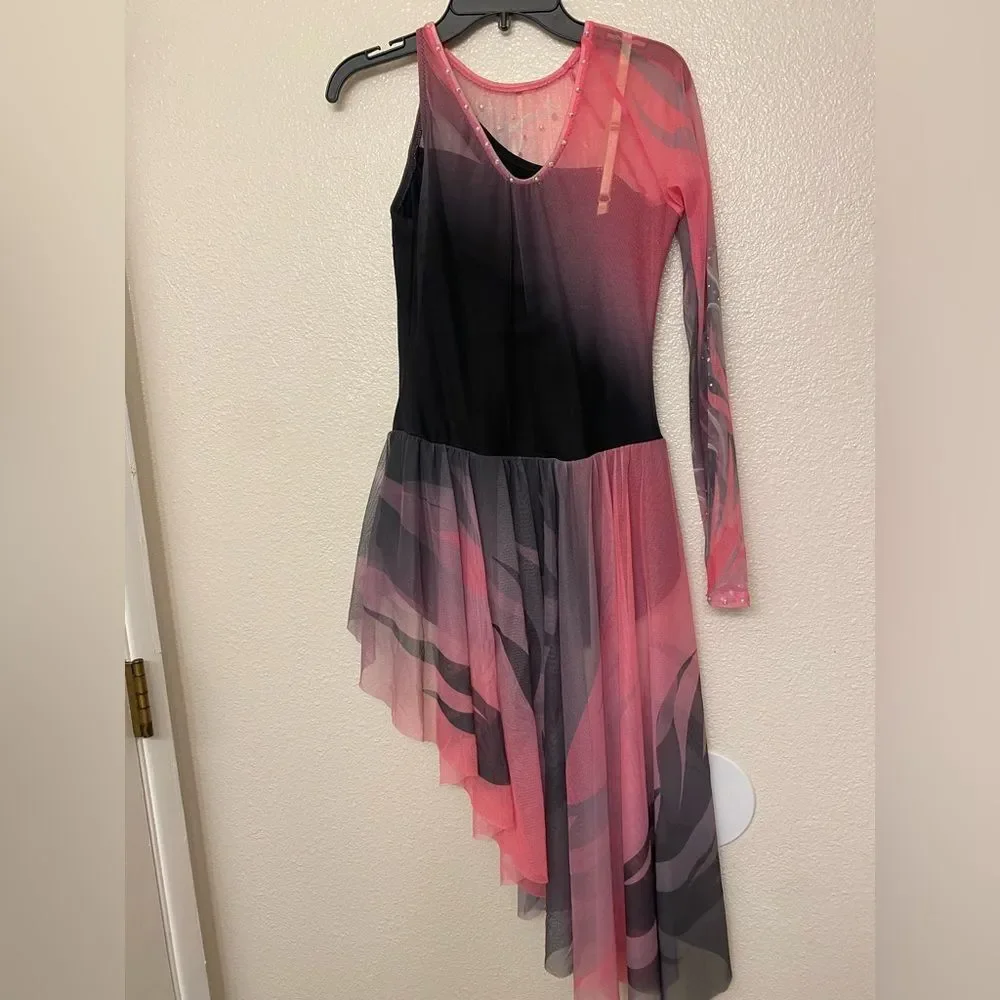 Lyrical skating solo dance costume black pink floral rhinestone ballet dress XLC